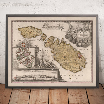 Alte Karte von Malta von Homann, 1788: Valletta, Mdina, Befestigungen, Boote 