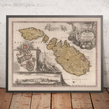 Alte Karte von Malta von Homann, 1788: Valletta, Mdina, Befestigungen, Boote 