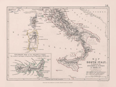 Old Map of Napoleon's Invasion of Naples in South Italy, 1806: Rome, Elba, Sicily, Calabria