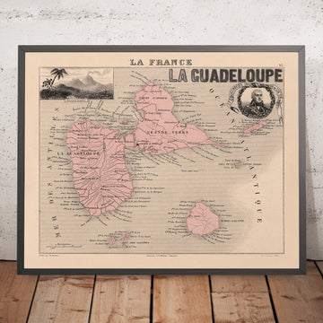 Old Map of Guadeloupe by Vuillemin, 1869: Pointe-à-Pitre, Basse-Terre, Grande-Terre, Marie-Galante, Sugarcane
