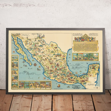 Old Pictorial Map of Mexico by Fischgrund, 1950: Mexico City, Cultural Illustrations