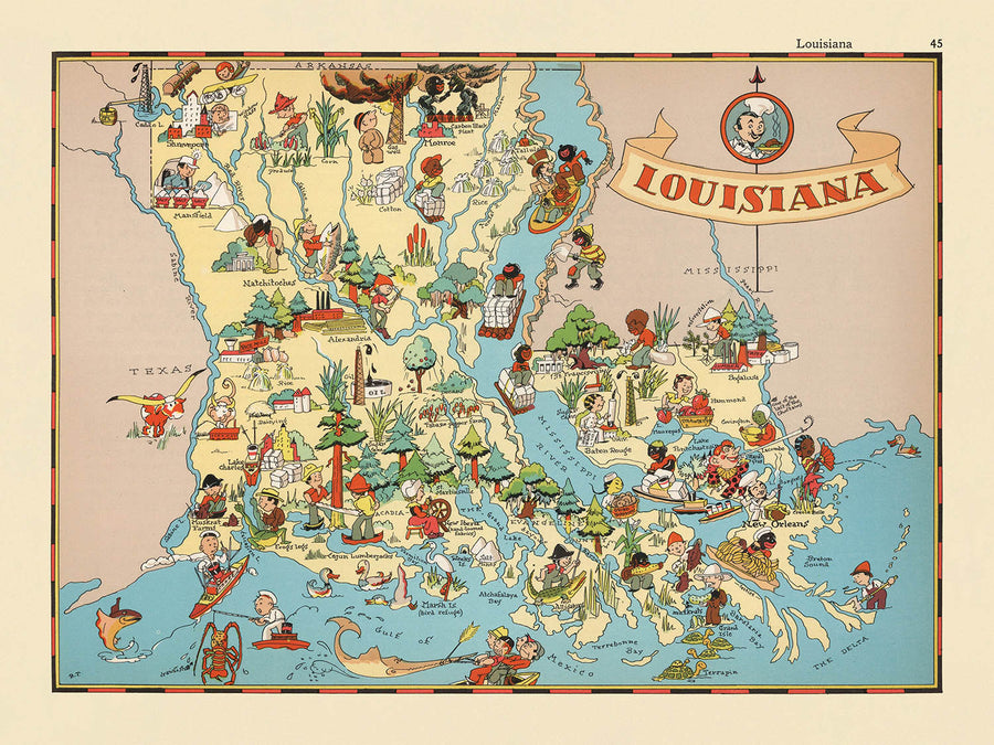 Mappa Pittorica della Louisiana di Ruth Taylor White, 1935: New Orleans, Baton Rouge, Jazz, Bayou, Mardi Gras 