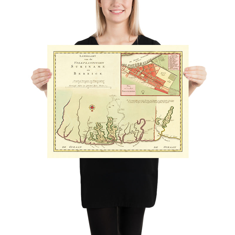 Rara mappa coloniale del Suriname e Berbice di Tirion, 1760: Insetto di Paramaribo, piantagioni, fiumi, villaggi indigeni, confini coloniali 