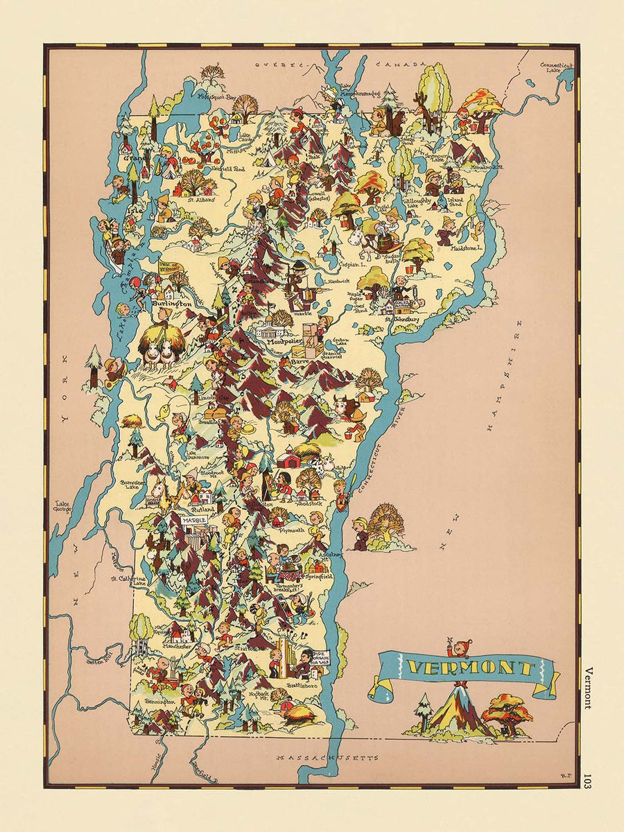 Mappa Pittorica del Vermont di Ruth Taylor White, 1935: Burlington, Montpelier, Rutland, Confini della Contea, Produzione di Sciroppo d&
