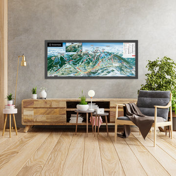 A framed image of Snowmass, Colorado in the style of a simple and modern golf course map