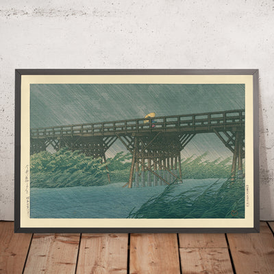 A framed image of Evening Rain at Imai Bridge by Hasui Kawase, 1935