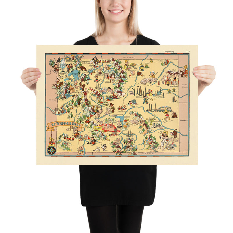 Pictorial Map of Wyoming by Ruth Taylor White, 1935: Yellowstone, Grand Teton, Continental Divide, Wind River Range, Bighorn Mountains