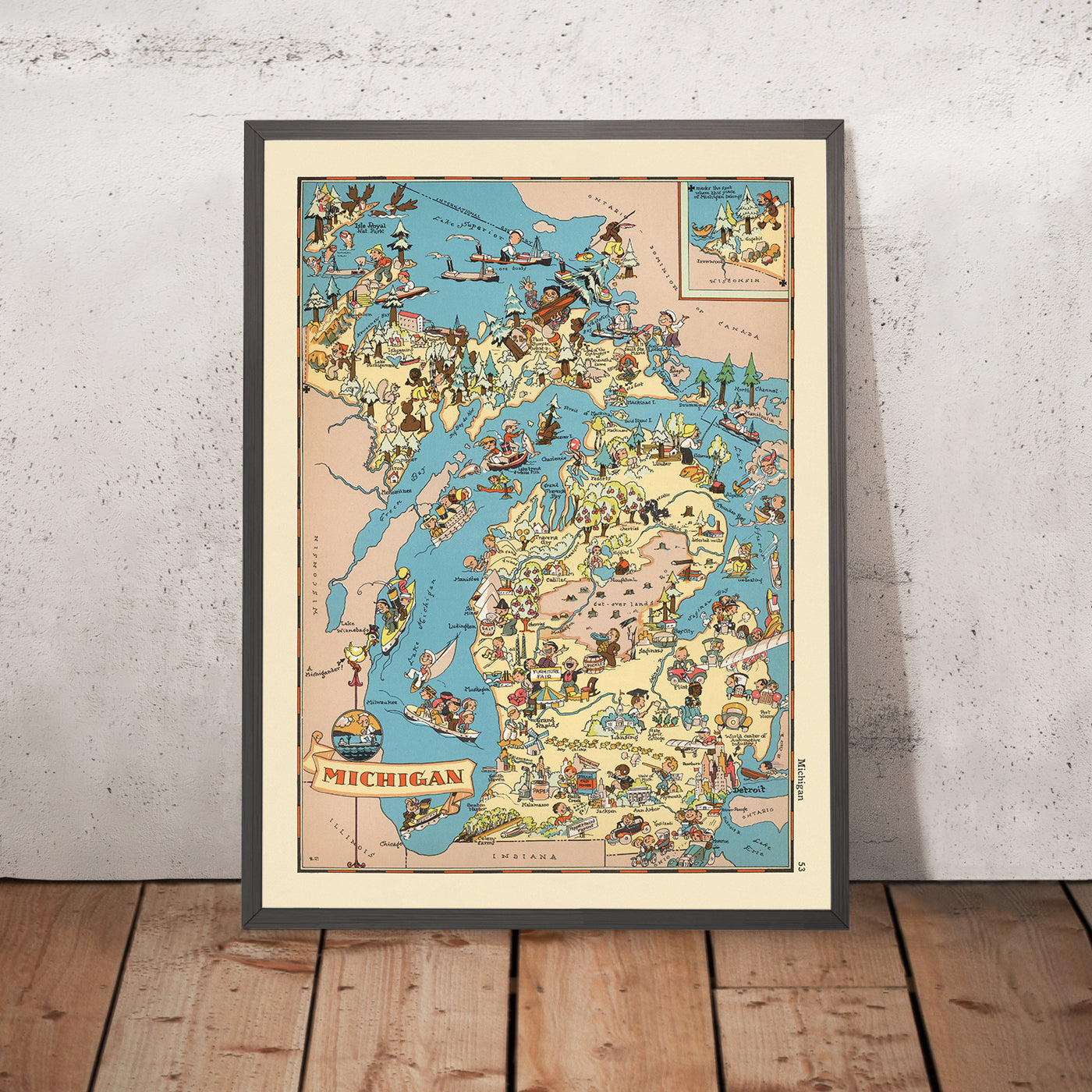 Pictorial Map of Michigan by Ruth Taylor White, 1935: Detroit, Great Lakes, Lumber, Autos, Orchards, Recreation