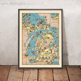 Mapa pictórico de Michigan de Ruth Taylor White, 1935: Detroit, Grandes Lagos, madera, automóviles, huertos, recreación 