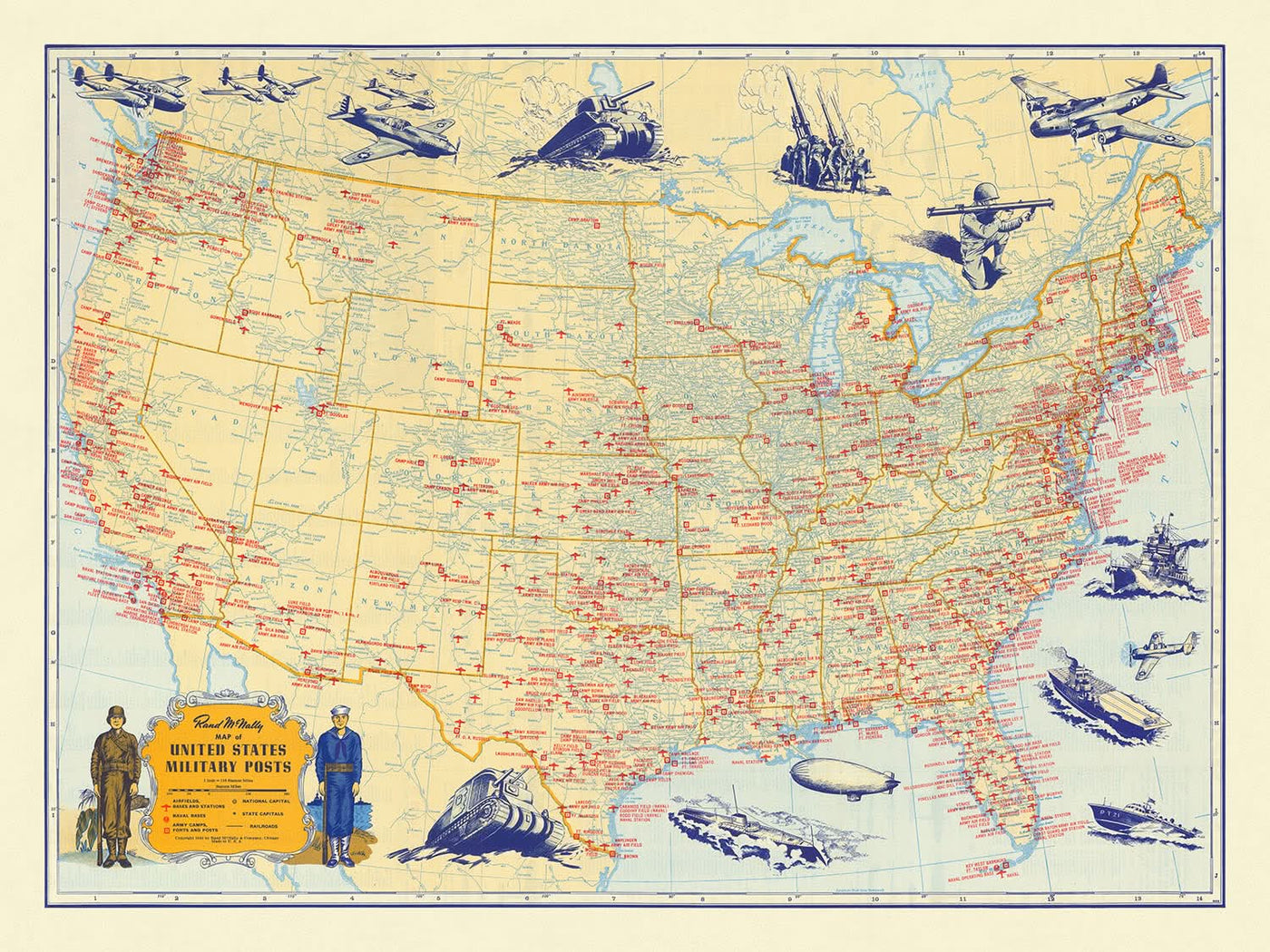 Mapa militar antiguo de Estados Unidos de Rand McNally, 1944: Nueva York, Los Ángeles, Chicago, aeródromos, bases navales