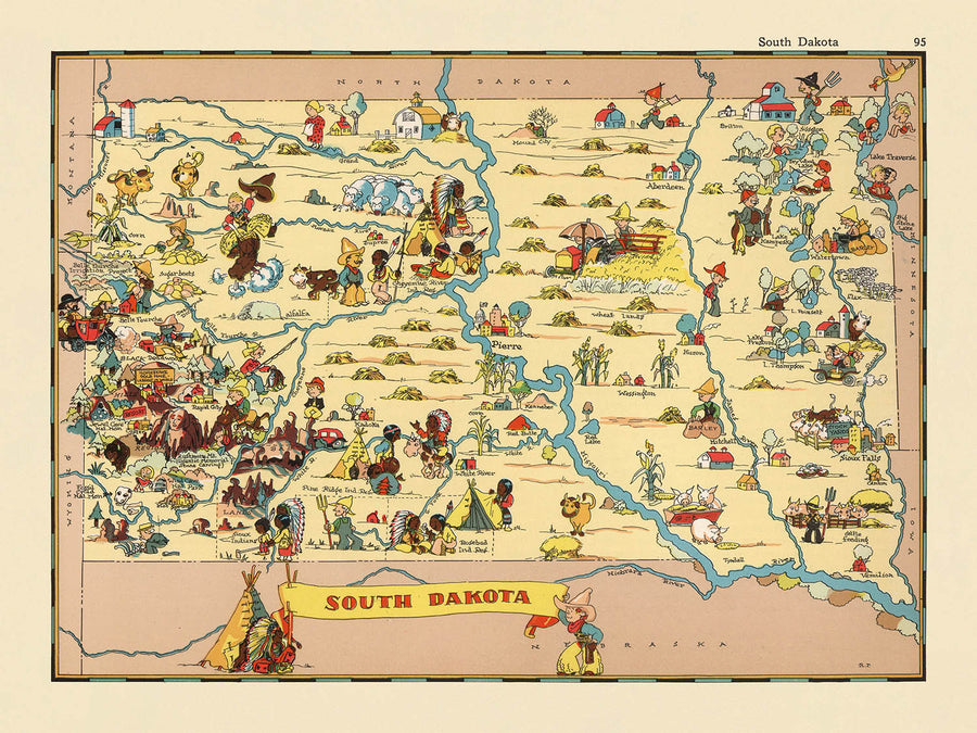 Mappa pittorica del Dakota del Sud di Ruth Taylor White, 1935: Sioux Falls, Black Hills, Monte Rushmore, Fiume Missouri, Badlands 