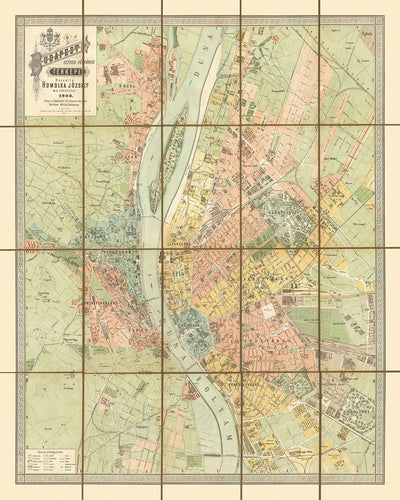 Ancienne carte de Budapest par Homolka, 1903 : Pont des Chaînes, Parlement, colline Gellért, avenue Andrássy, colline du Château