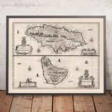 Alte Karte von Jamaika und Barbados von Speed, 1676: Port Royal, Bridgetown, Berge, Schiffe 