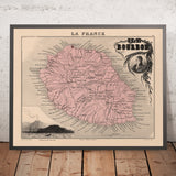 Antiguo mapa de la isla de Reunión de Vuillemin, 1869: volcán, Saint-Denis, Saint-Pierre, océano Índico, caña de azúcar 