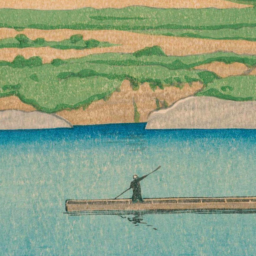 Barca a vela sul fiume e cavalli di Hasui Kawase, 1935 