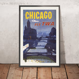 Manifesto di viaggio di Chicago: Fly TWA di Austin Briggs, 1960 