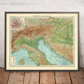 Old Color Relief Map of Northern Italy and Austria, 1922: Milan, Venice, Vienna, Alps, Po River