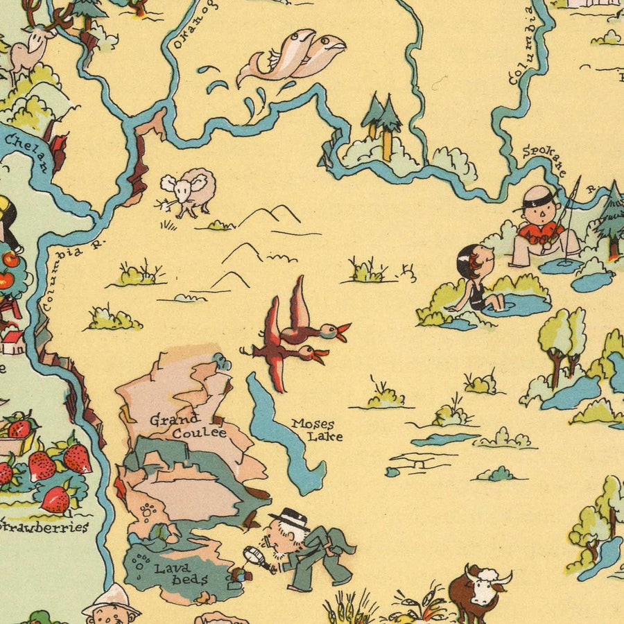 Mappa illustrata dello Stato di Washington di Ruth Taylor White, 1935: Seattle, Monte Rainier, Fiume Columbia, Monti Olimpici, Diga di Grand Coulee 