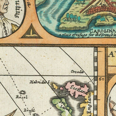 Ancienne carte de l'Amérique par Walton, 1658 : la Californie comme île, détroit mythique, style carte à figures