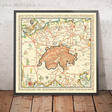 Antica mappa pittorica della Svizzera di Gauchet, 1931: collegamenti ferroviari, Zurigo, Ginevra, Berna, Alpi 