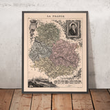 Antica mappa della Côte-d'Or di Vuillemin, 1869: Digione, Beaune, Vigneti, Fiumi, Stemmi 