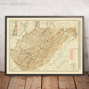 Mapa antiguo de Virginia Occidental, 1930: ferrocarril, Charleston, Huntington, Morgantown, río Ohio, ferrocarril B&O y C&O 