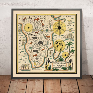 Alte Karte von Südafrika von Mazuyer, 1931: Bildstil, einheimische Tierwelt, dekorative Kompass 