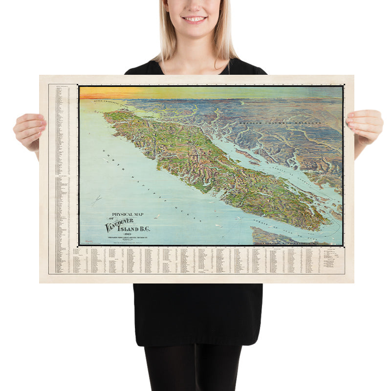 Old Pictorial Map of Vancouver Island by Kennedy, 1913: Victoria, Railways, Steamship Routes, Logging, Alberni