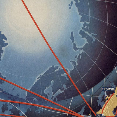 Carte du monde ancien, projection polaire des compagnies aériennes par SAS, 1960 : conception en spirale, itinéraires mondiaux, ère de l'aviation.