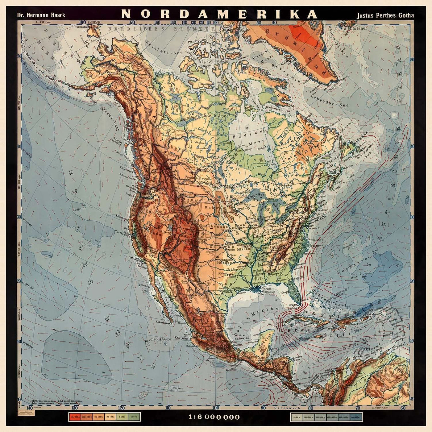 Mapa antiguo de América del Norte de Haack, 1950: topografía, hidrografía, diseño educativo