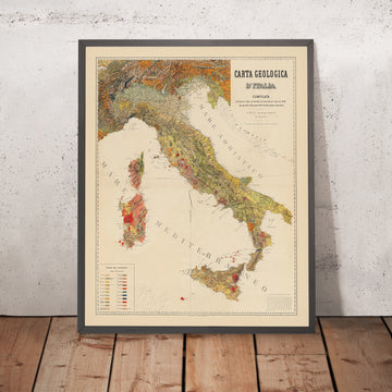 Grande ancienne carte géologique de l’Italie par Virano e Teano, 1880 : Alpes, Apennins, Vésuve, Etna, fleuve Pô 