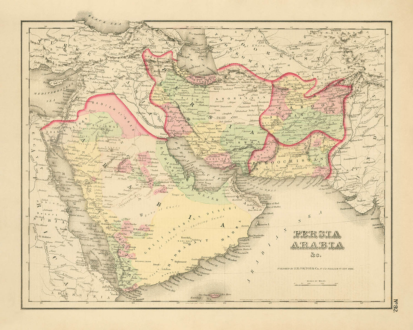 Old Map of Persia & Arabia by Colton, 1857: Middle East, Persian Gulf, Zagros Mountains