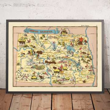Mapa pictórico de Dakota del Norte de Ruth Taylor White, 1935: Fargo, Bismarck, río Misuri, campos de trigo, bisontes 