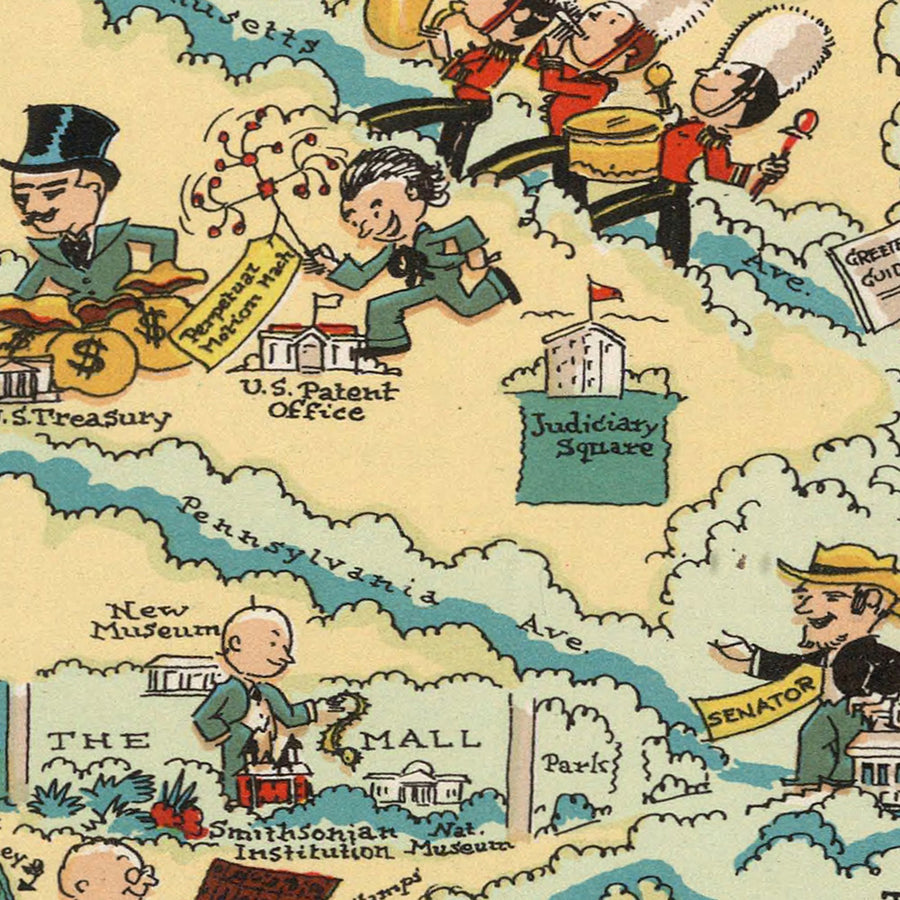 Mappa pittorica di Washington D.C. di Ruth Taylor White, 1935: Campidoglio, Casa Bianca, Memoriale di Lincoln, Monumento a Washington, Fiume Potomac 