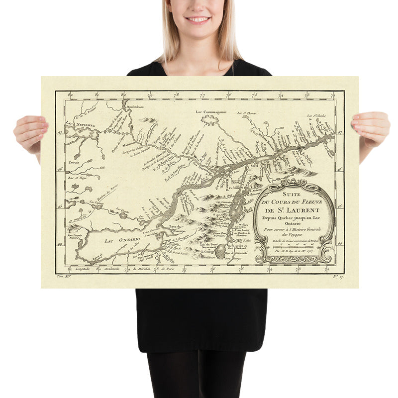 Old Map of Quebec and Ontario by Bellin, 1757: St. Lawrence River, Lac Ontario, Lac Champlain, Fort Carillon, Fort Edward