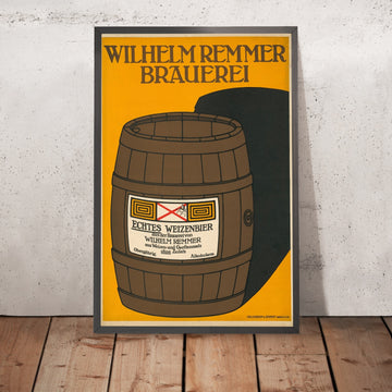 A framed image of Wilhelm Remmer Brewery Vintage Wheat Beer Poster by Hollerbaum & Schmidt, 1900