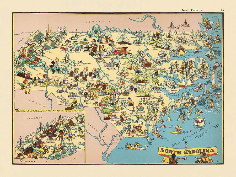 Mappa Pittorica Antica della Carolina del Nord di Ruth Taylor White, 1935: Charlotte, Raleigh, Monti Appalachi, Outer Banks, Fabbriche Tessili 