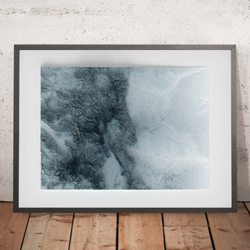 A framed image of a 3D style topographic relief map ofColorado