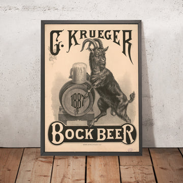 A framed image of G. Krueger Vintage Bock Beer Poster by Herman Bartsch, 1887
