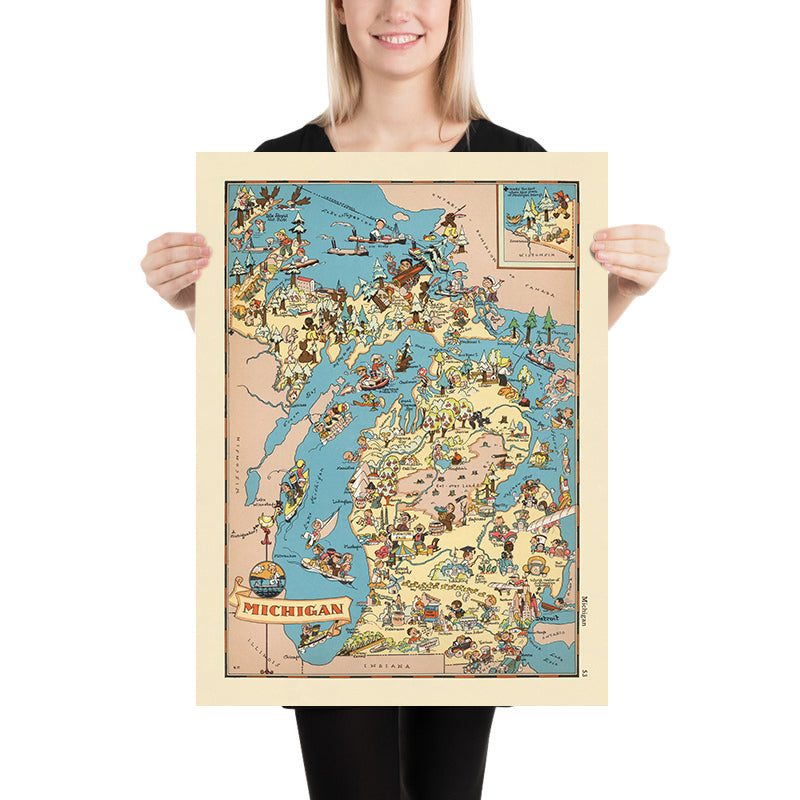 Pictorial Map of Michigan by Ruth Taylor White, 1935: Detroit, Great Lakes, Lumber, Autos, Orchards, Recreation