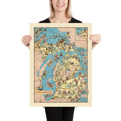 Pictorial Map of Michigan by Ruth Taylor White, 1935: Detroit, Great Lakes, Lumber, Autos, Orchards, Recreation