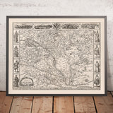 Vecchia mappa monocromatica dell'Ungheria di Speed, 1626: Buda, Pest, Cluj, Montagne 