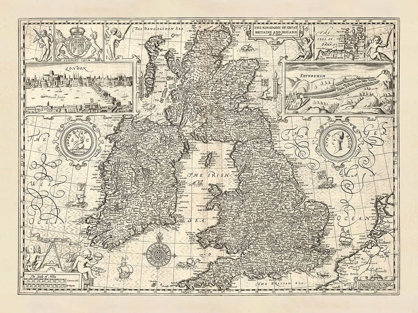 Alte Karte von Großbritannien und Irland von Speed, 1676: London, Edinburgh, Dublin, Orkneys, Seeungeheuer