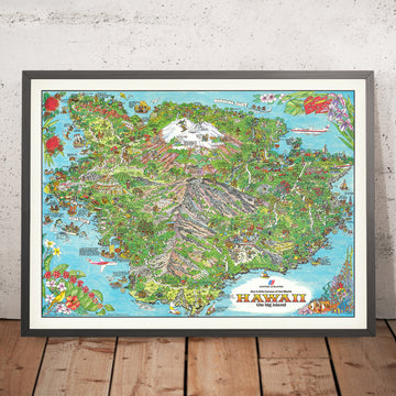 Mappa Pittorica Antica delle Hawaii di Forrest, 1979: Isola Grande, Mauna Kea, Loa, Kilauea, Costa di Kona, Hilo 