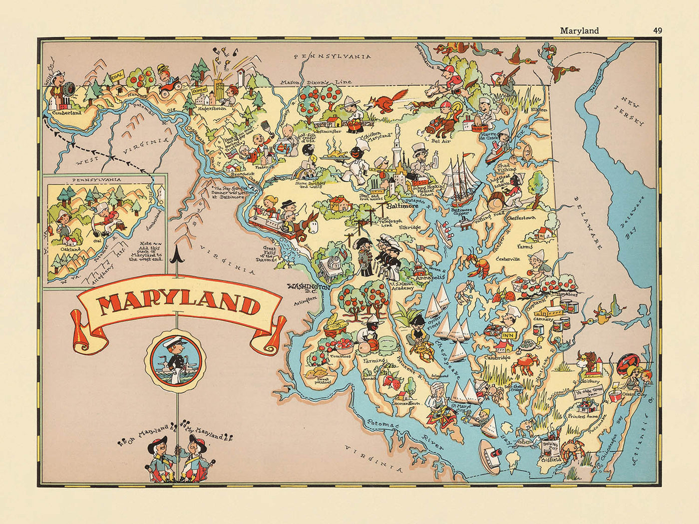 Pictorial Map of Maryland by Ruth Taylor White, 1935: Baltimore, Annapolis, Chesapeake Bay, Potomac River, Appalachian Mountains