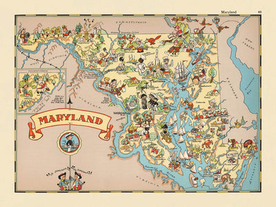 Pictorial Map of Maryland by Ruth Taylor White, 1935: Baltimore, Annapolis, Chesapeake Bay, Potomac River, Appalachian Mountains