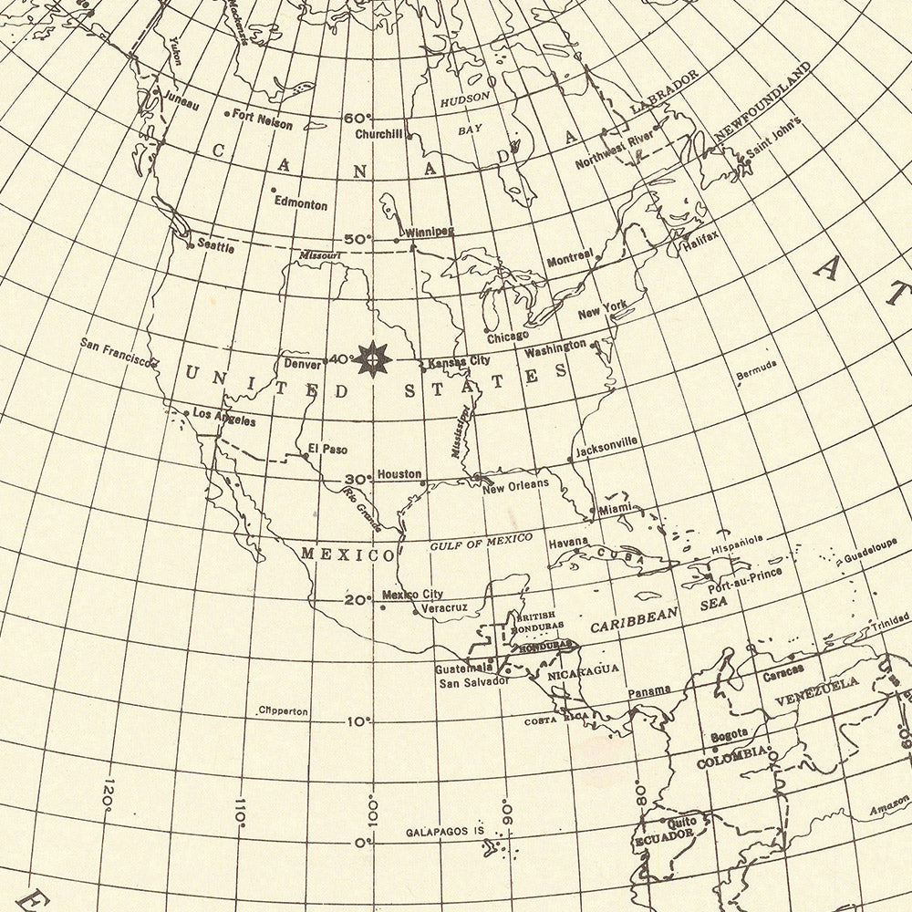 Old Azimuthal World Map Centered on the United States, 1947