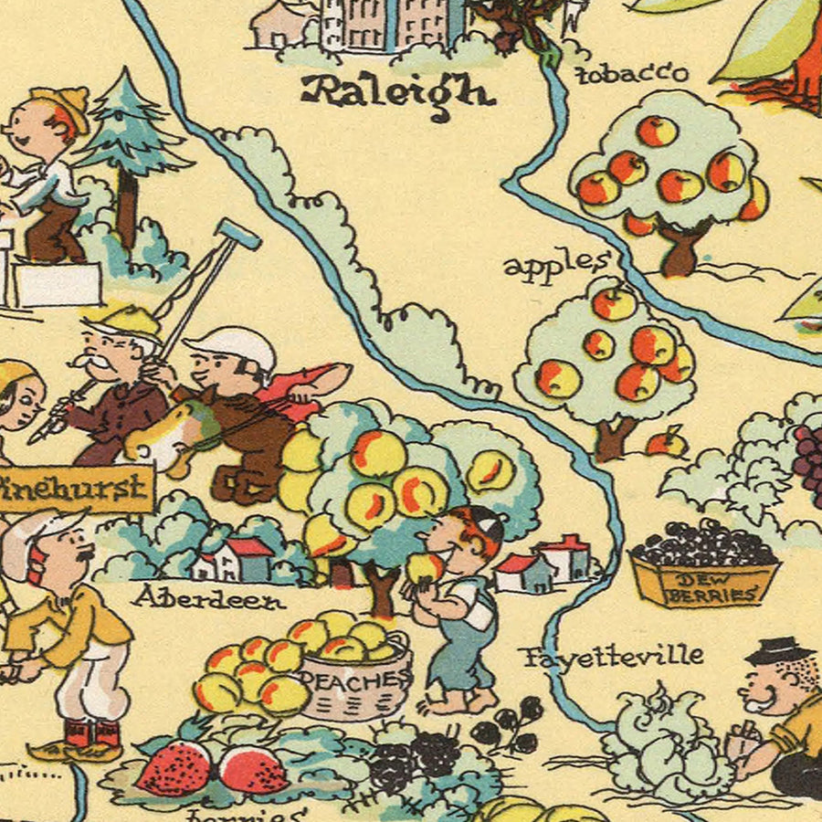 Mappa Pittorica Antica della Carolina del Nord di Ruth Taylor White, 1935: Charlotte, Raleigh, Monti Appalachi, Outer Banks, Fabbriche Tessili 