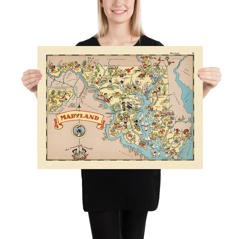 Mappa Pittorica del Maryland di Ruth Taylor White, 1935: Baltimora, Annapolis, Baia di Chesapeake, Fiume Potomac, Monti Appalachi 