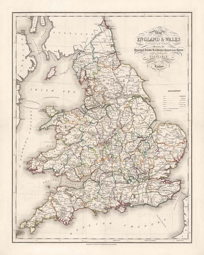 Old County Map of England & Wales by Lewis, 1844: Major Roads & Railways
